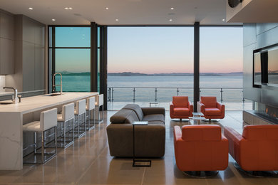 Inspiration for a large modern open concept and formal concrete floor and gray floor living room remodel in San Francisco with gray walls, a ribbon fireplace, a metal fireplace and a wall-mounted tv
