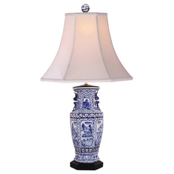 Blue and White Porcelain Hexagonal Landscape Vase Table Lamp 32"