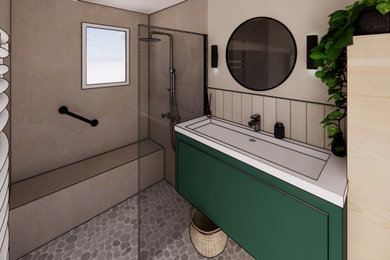 Cette image montre une petite salle d'eau design avec une douche à l'italienne et meuble simple vasque.