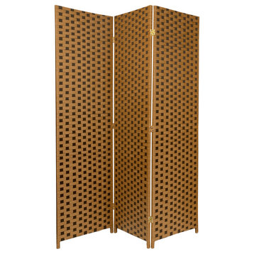 6' Tall Woven Fiber Room Divider, Two Tone Brown, 3 Panel