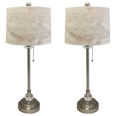 28" Crystal Lamp With White Marble Texture Shade, Brushed Nickel, Set of 2