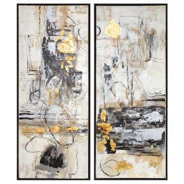 2-Piece Oversize Abstract Modern Cubist Painting Set, Wall Art Panels White Blac