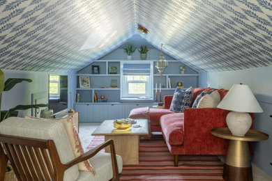 Example of a small transitional carpeted, wallpaper ceiling and wall paneling living room design in Seattle with blue walls and a tv stand