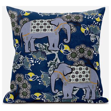 20x20 Gray Blue Brown Elephant Blown Seam Broadcloth Animal Print Throw Pillow