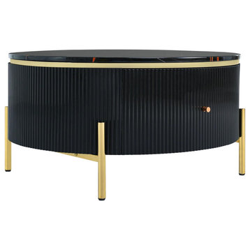 Elegant Coffee Table, Round Design With Faux Marble Top & Fluted Drawers, Black