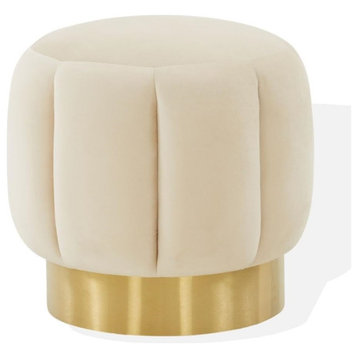 Contemporary Ottoman, Gold Base & Velvet Fabric Seat With Channel Tufting, Creme