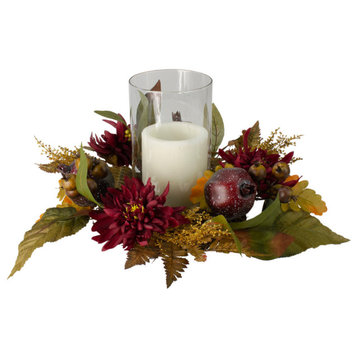 22" Mums With Pomegranate Fall Candle Holder Centerpiece