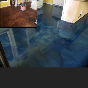 Pool house floor with blue metallic epoxy
