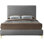 Meridian Furniture - Geri Velvet Upholstered Bed, Gray, Full - Provide yourself with a few options when you choose the sleek Geri grey velvet full size bed. The headboard, side rails and footboard are all cushioned and upholstered, with snazzy decorative piping on the headboard and footboard. This bed comes with two different sets of legs so you can match your other decor. Use the gold ones, the chrome ones, or two of each color for a truly contemporary approach.