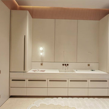 Cream Matte Custom Vanity Cabinet with Layered Countertop