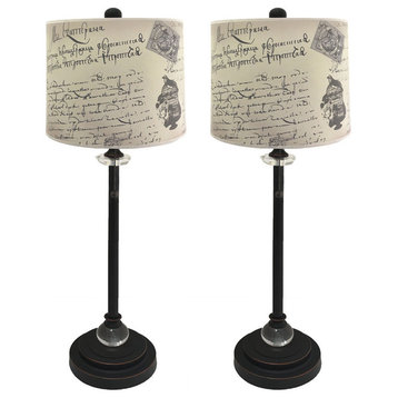 28" Crystal Lamp, Vintage Letter Calligraphy Shade, Oil Rubbed Bronze, Set of 2