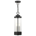 Livex Lighting - Livex Lighting 3 Light Outdoor Pendant Lantern With Textured Black 20727-14 - The large three-light outdoor hand crafted pendant lantern from the Hillcrest collection is made of rugged stainless-steel and features a simple yet elegant textured black finish frame paired with a cylindrical clear glass shade and is accented by brushed nickel candles. The fixture is complemented by the chain and its clean rounded canopy to carry through the theme of the finely crafted design. Use indoors or outdoors, this piece complements modern, nautical, contemporary or urban homes.