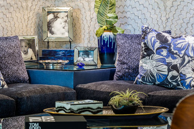 Inspiration for a large eclectic formal and open concept limestone floor and beige floor living room remodel in Miami with multicolored walls and no tv