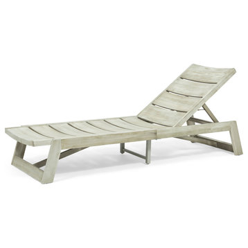 Lillian Outdoor Wood and Iron Chaise Lounge, Light Gray Wash, Gray