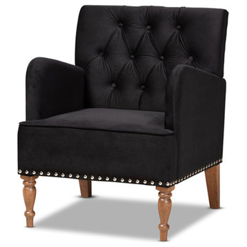Eri Contemporary Glam and Luxe Black Velvet Walnut Brown Finished Wood Armchair