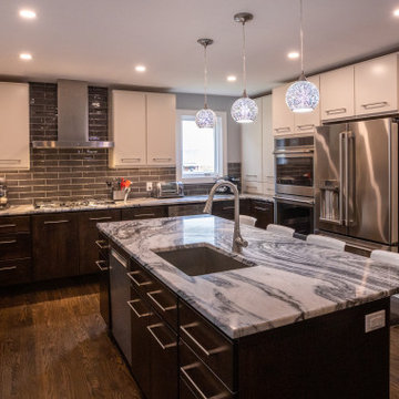 Modern Two-Tone Kitchen Remodel | Cream Uppers & Marble Quartz Island