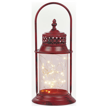 Antique Metal & Glass Lantern with Warm LED Lights, Red