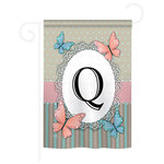 Breeze Decor - Butterflies Q Monogram 2-Sided Impression Garden Flag - Size: 13 Inches By 18.5 Inches - With A 3" Pole Sleeve. All Weather Resistant Pro Guard Polyester Soft to the Touch Material. Designed to Hang Vertically. Double Sided - Reads Correctly on Both Sides. Original Artwork Licensed by Breeze Decor. Eco Friendly Procedures. Proudly Produced in the United States of America. Pole Not Included.