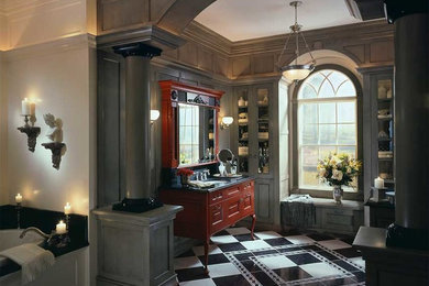 Drop-in bathtub - large traditional master black and white tile and ceramic tile ceramic tile drop-in bathtub idea in Jackson with raised-panel cabinets, gray cabinets, gray walls, an undermount sink and granite countertops