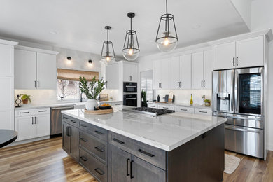 Transitional vinyl floor and brown floor kitchen photo in Other with a farmhouse sink, shaker cabinets, white cabinets, quartzite countertops, white backsplash and stainless steel appliances