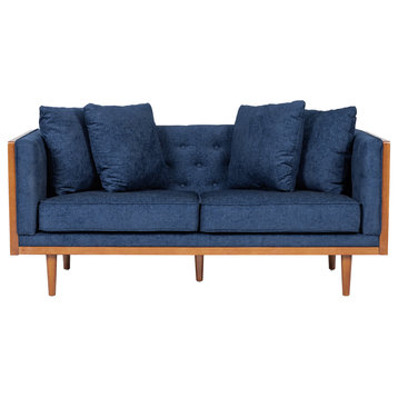 Cayuga Mid Century Modern Fabric Tufted Loveseat With Accent Pillows, Navy Blue