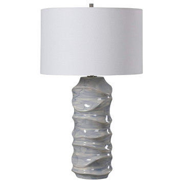 Contemporary Table Lamp, Sculpted Ceramic Base With White Drum Shade