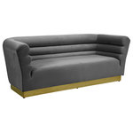 Meridian Furniture - Bellini Velvet Upholstered Sofa, Gray - Add a bit of pizzazz to your living space with this Bellini Gray Velvet Sofa from Meridian Furniture. Rich Gray velvet upholstery offers you a luxurious place to curl up with a good book or rest in front of the TV after a long day, while horizontal Channel tufting creates texture and style. Its gold stainless steel base provides solid support, while adding to the sofa's contemporary appearance. Its uniquely curved shape makes this piece a perfect addition to any room in your modern home.