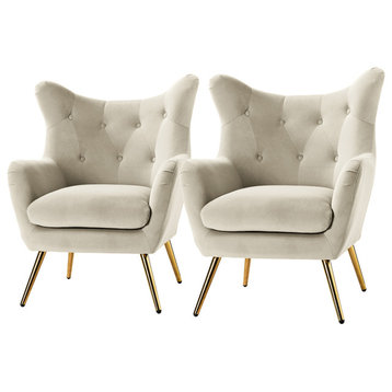 Upholstered Accent Chair With Tufted Back, Set of 2, Tan