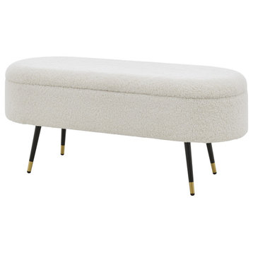 Phoebe Faux Shearling Fabric Storage Bench W/ Gold Tip Metal Legs