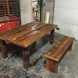 Relaimed timber style dining room table with bench - Products