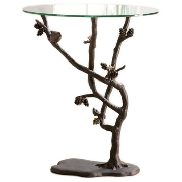 Glass Top Bird and Pinecone Metal End Table