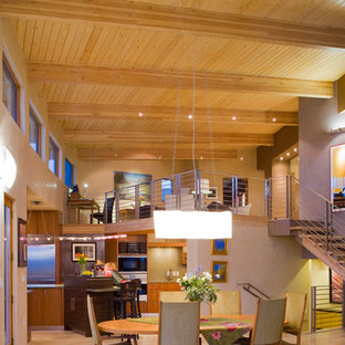 アルバカーキの広いコンテンポラリースタイルのLDKの画像 (トラバーチンの床)