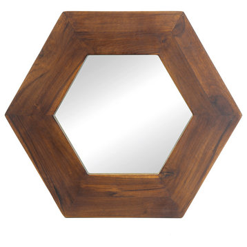Gewnee 18.5"x18.5" Hexagon Mirror With Natural Wood Frame, Brown
