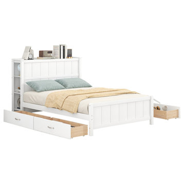 Full Size Platform Bed with Drawers and Storage Shelves(No mattress), White