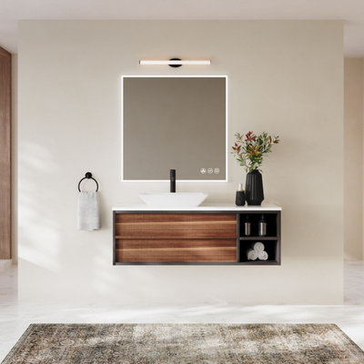 Rhone Bathroom Vanity, Single Sink, 48", Walnut and Dark Gray, Wallmounted