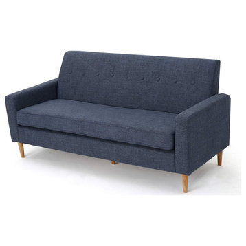 Retro Modern Sofa, Rubberwood Legs & Polyester Seat With Tufted Back, Dark Blue