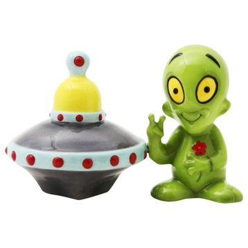 Little Green Alien and Flying Saucer Salt and Pepper Shaker Set