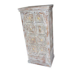 Consigned Antique Indian Teak Wooden Cabinet Distressed Grey Brass Armoire