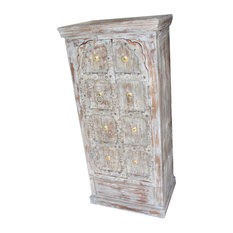 Mogul Interior - Consigned Antique Indian Teak Wooden Cabinet Distressed Grey Brass Armoire - Armoires and Wardrobes