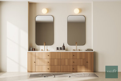 Large master bathroom photo in San Francisco with flat-panel cabinets, a wall-mount toilet, quartzite countertops, white countertops and a built-in vanity