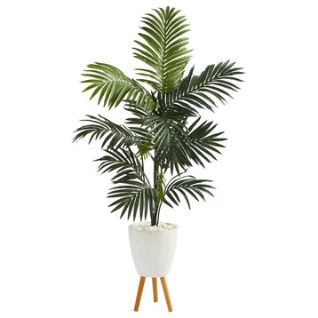 69" Kentia Artificial Palm Tree, White Planter With Stand