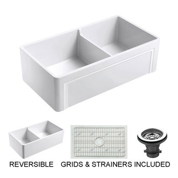 Olde London Reversible Farmhouse 55/45 Double Bowl Sink, Grid, Strainer, 33"