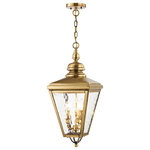 Livex Lighting - Livex Lighting 3 Light Solid Brass Outdoor Lantern With Antique Brass 2035-01 - This stylish antique brass outdoor chain hang lantern is a great way to update your home's exterior decor. A flat metal curved arm attaches the solid brass decorative housing to the square backplate while clear water glass protects the three bulbs.