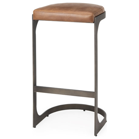 Tyson Brown Genuine Leather with Dark Gray Metal Frame Bar Stool