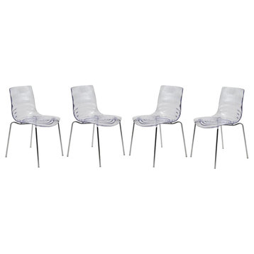 Set of 4 Modern Dining Chair, Chrome Legs & Plastic Seat With Vibe Detail, Clear
