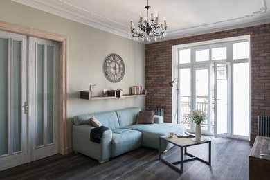 Living room - shabby-chic style open concept dark wood floor and brown floor living room idea in Other with multicolored walls