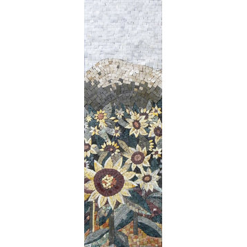 Mosaic Tile Art, Sun On Flowers, 15"x46"
