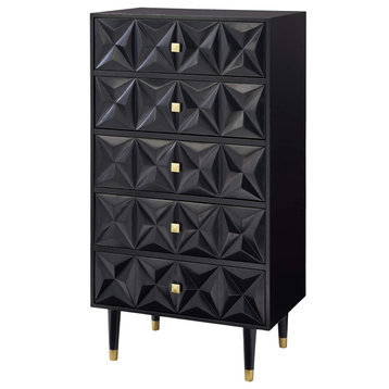 Modern Vertical Dresser, 5 Drawers With Textured Front & Square Handles, Black
