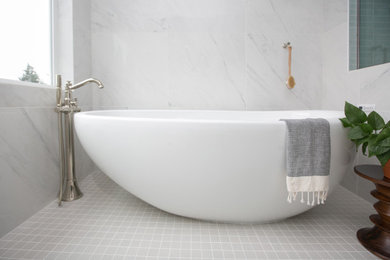 Bathroom - mid-sized contemporary green tile and ceramic tile double-sink bathroom idea in Portland with shaker cabinets, medium tone wood cabinets, an undermount sink, quartzite countertops, a hinged shower door, white countertops and a built-in vanity