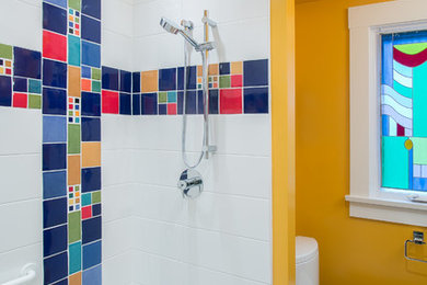 Mid-sized eclectic limestone floor and beige floor bathroom photo in Vancouver with yellow walls